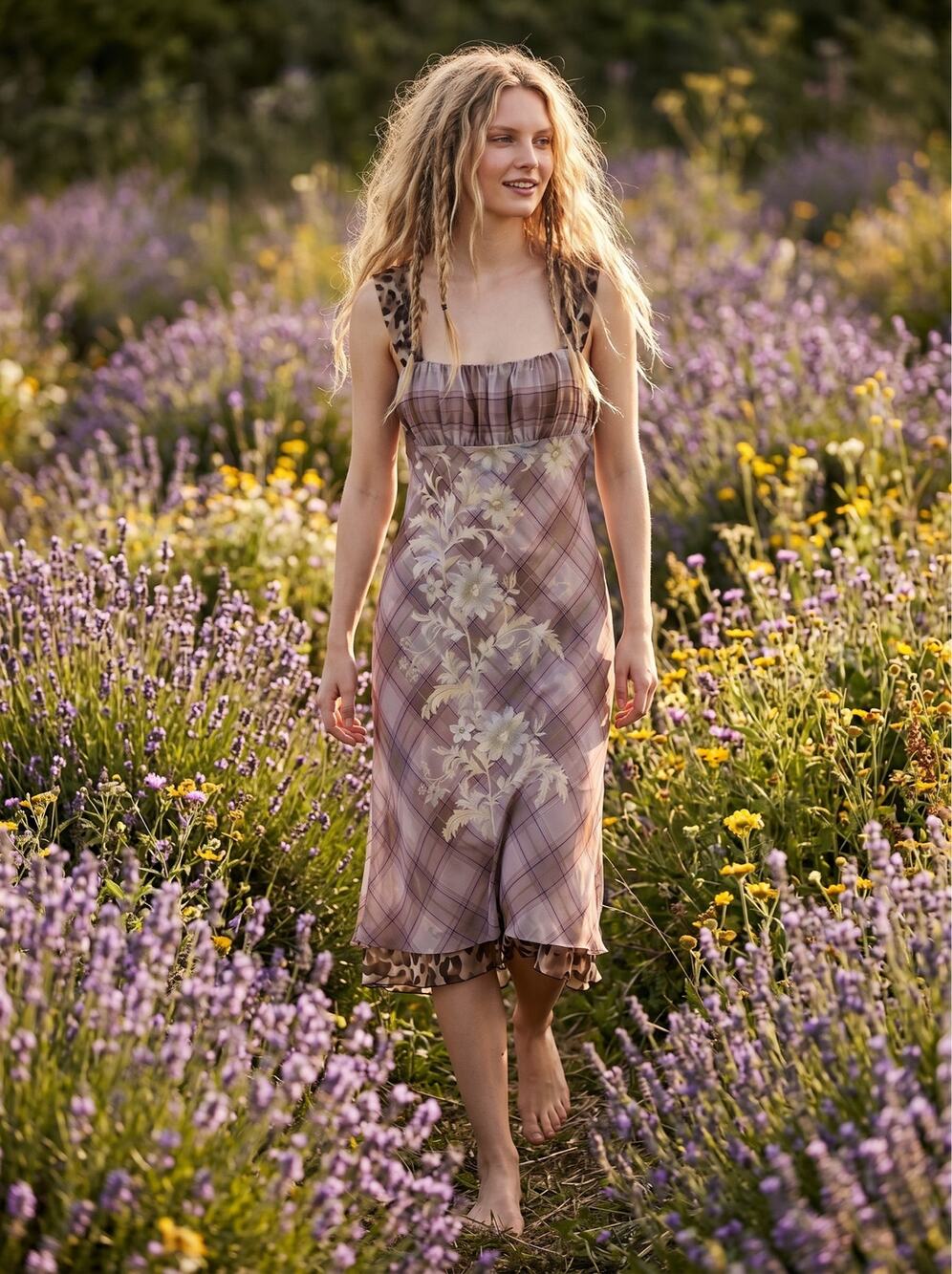 Free People Femme Grunge 90s Y2K Morning Dew Plaid Floral Midi Slip Dress Medium